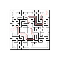 Black square maze with entrance and exit. A game for children and adults. Simple flat vector illustration isolated on white background. With the answer.