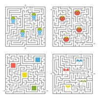 A set of four square labyrinths. Collect all the items and find a way out of the maze. An interesting game for children. Simple flat vector illustration.