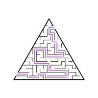 un laberinto triangular, una pirámide de trazo negro. un juego para niños. Ilustración de vector plano simple aislado sobre fondo blanco. con la respuesta.