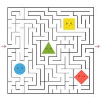 A square labyrinth. Collect all the geometric shapes and find a way out of the maze. An interesting game for children. Simple flat vector illustration.