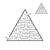 A triangular labyrinth, a pyramid with a black stroke. A game for children. Simple flat vector illustration isolated on white background. With the answer.