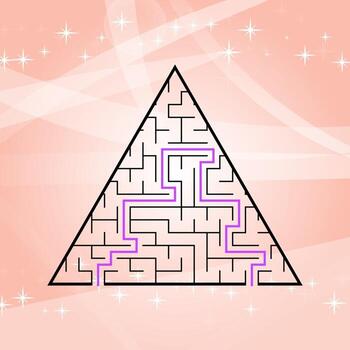 A triangular labyrinth, a pyramid with a black stroke. A game for children. A simple flat vector illustration. With the answer.