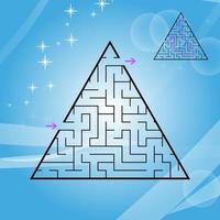 A triangular labyrinth, a pyramid with a black stroke. A game for children. A simple flat vector illustration isolated on a colored background. With the answer.