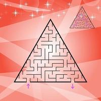 A triangular labyrinth, a pyramid with a black stroke. A game for children. A simple flat vector illustration isolated on a colored background. With the answer.