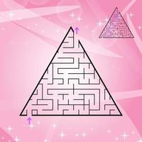 A triangular labyrinth, a pyramid with a black stroke. A game for children. A simple flat vector illustration isolated on a colored background. With the answer.