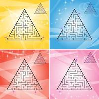 A set of four triangular labyrinths with a black stroke. A game for children. A simple flat vector illustration isolated on a colored background. With the answer.