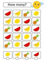 juego de conteo para niños en edad preescolar para el desarrollo de habilidades matemáticas. cuántas frutas tropicales. con un lugar para las respuestas. Ilustración de vector aislado plano simple.