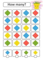 juego de conteo para niños en edad preescolar para el desarrollo de habilidades matemáticas. cuántos diamantes de diferentes colores. con un lugar para las respuestas. Ilustración de vector aislado plano simple.