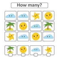 Counting game for preschool children for the development of mathematical abilities. Count the number of objects in the picture. With a place for answers. Simple flat isolated vector illustration.
