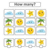 juego de conteo para niños en edad preescolar para el desarrollo de habilidades matemáticas. cuente el número de objetos en la imagen. con un lugar para las respuestas. Ilustración de vector aislado plano simple.