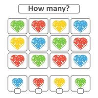 Game for preschool children. Count as many hearts in the picture and write down the result. With a place for answers. Simple flat isolated vector illustration.