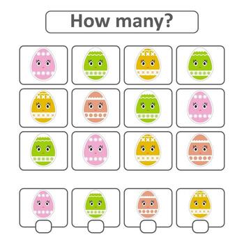 Game for preschool children. Count out how many Easter eggs in the picture and write down the result. With a place for answers. Simple flat isolated vector illustration.