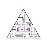 A triangular labyrinth, a pyramid with a black stroke. A game for children. Simple flat vector illustration isolated on white background. With the answer.