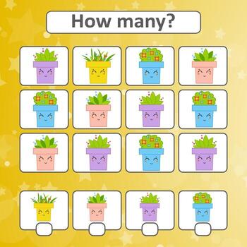 Game for preschool children. Count as many flower pots in the picture and write down the result. With a place for answers. Simple flat isolated vector illustration.