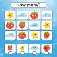 Counting game for preschool children for the development of mathematical abilities. Count the number of objects in the picture. With a place for answers. Simple flat isolated vector illustration.