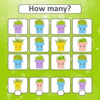 Game for preschool children. Count as many flower pots in the picture and write down the result. With a place for answers. Simple flat isolated vector illustration.