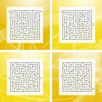 A set of square labyrinths. An interesting and useful game for children and adults. Simple flat vector illustration on a colorful abstract background.