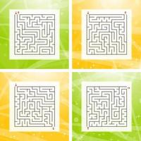 A set of square labyrinths. An interesting and useful game for children and adults. Simple flat vector illustration on a colorful abstract background.