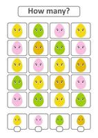 juego de conteo para niños en edad preescolar para el desarrollo de habilidades matemáticas. cuántos huevos de diferentes colores. con un lugar para las respuestas. Ilustración de vector aislado plano simple.