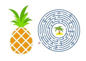 Round maze with a cartoon character. Appetizing pineapple. An interesting and developing game for children. Simple flat isolated vector illustration.