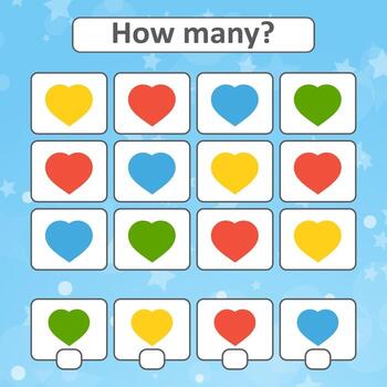 Game for preschool children. Count as many hearts in the picture and write down the result. With a place for answers. Simple flat isolated vector illustration.