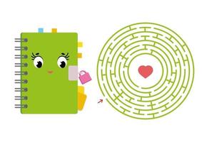 Round maze with a cartoon character. Cute notepad with a lock. An interesting and developing game for children. Simple flat isolated vector illustration