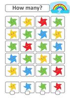 Counting game for preschool children for the development of mathematical abilities. How many stars of different colors. With a place for answers. Simple flat isolated vector illustration.