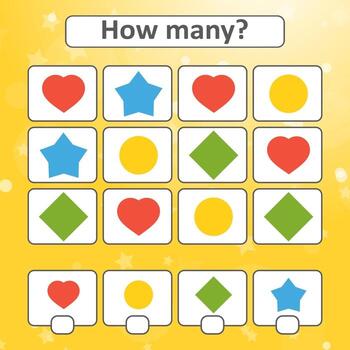 Game for preschool children. Count as many geometric shapes in the picture and write down the result. With a place for answers. Simple flat isolated vector illustration.