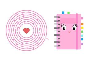 Round maze with a cartoon character. Cute notepad with bookmarks. An interesting and developing game for children. Simple flat isolated vector illustration.
