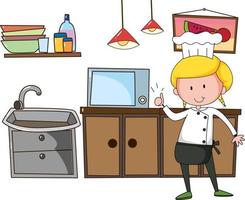 Little chef with kitchen equipments on white background vector