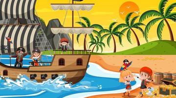 escena de la isla del tesoro al atardecer con niños piratas vector