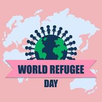 Banner del día mundial de los refugiados con personas de todo el mundo en el fondo del mapa mundial vector