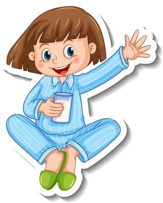 Sticker template with a girl wears pajamas cartoon character isolated