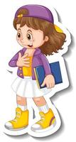Sticker template with a student girl cartoon character isolated vector