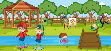 Outdoor scene with many kids playing in the park vector