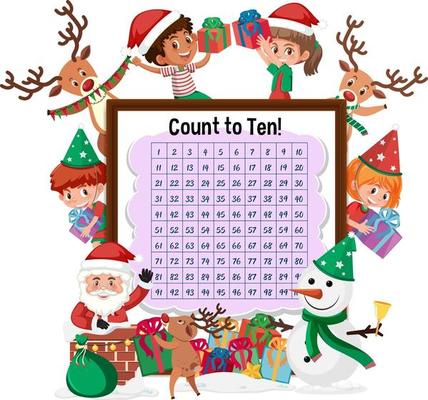 Counting number 1-100 board with many children in christmas theme