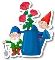 A sticker template with garden gnome and roses in watering can vector