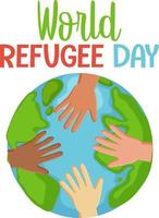 World Refugee Day banner with different hands on globe isolated vector