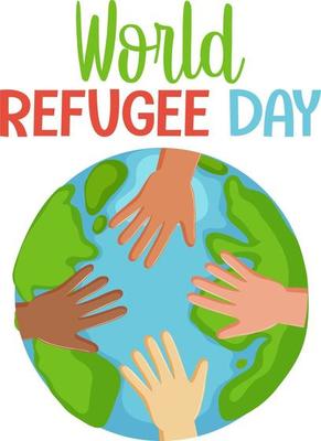 World Refugee Day banner with different hands on globe isolated