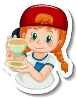 Sticker template with a girl holding a cup of tea isolated vector