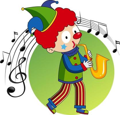 Cartoon character of a clown plays saxophone with musical melody symbols