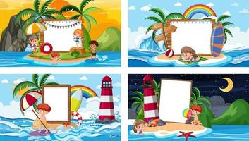 Set of different tropical beach scenes with blank banner vector