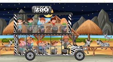 Safari at night time scene with children watching zebra group vector