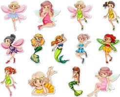 Set of stickers with beautiful fairies and mermaid cartoon character vector