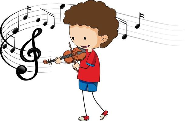 Cartoon doodle a boy playing violin with melody symbols on white background