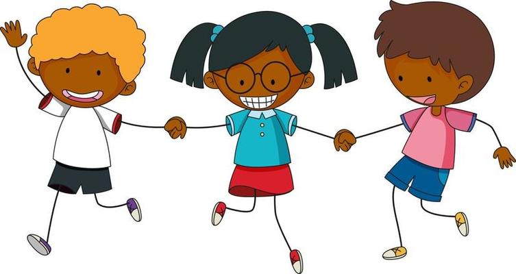 Happy kids holding hands doodle cartoon character