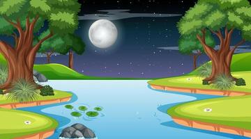 Nature forest landscape at night scene with long river flowing through the meadow vector