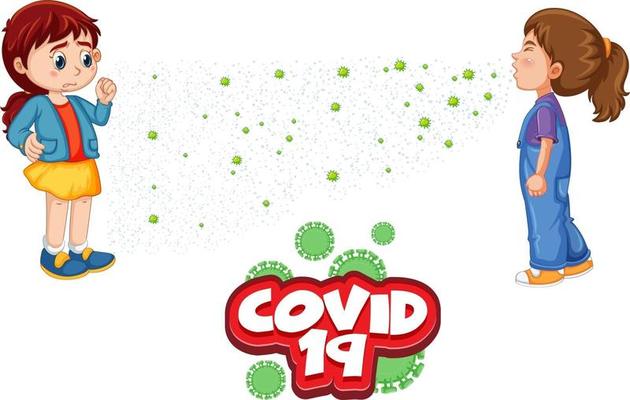 Covid-19 font in cartoon style with a girl look at her friend sneezing isolated on white background