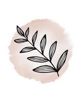 Branch with leaves on watercolor round spot background. Hand drawn plant sprig for social media cover boho wall art poster. Pastel earth color. Stock vector illustration isolated on white background