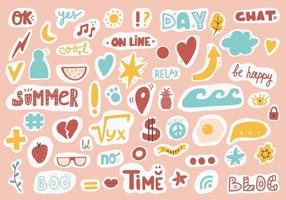 Cute sticker template decorated with cartoon image and trendy lettering. Signs, symbols, objects for scheduler or organizer. Vector illustration